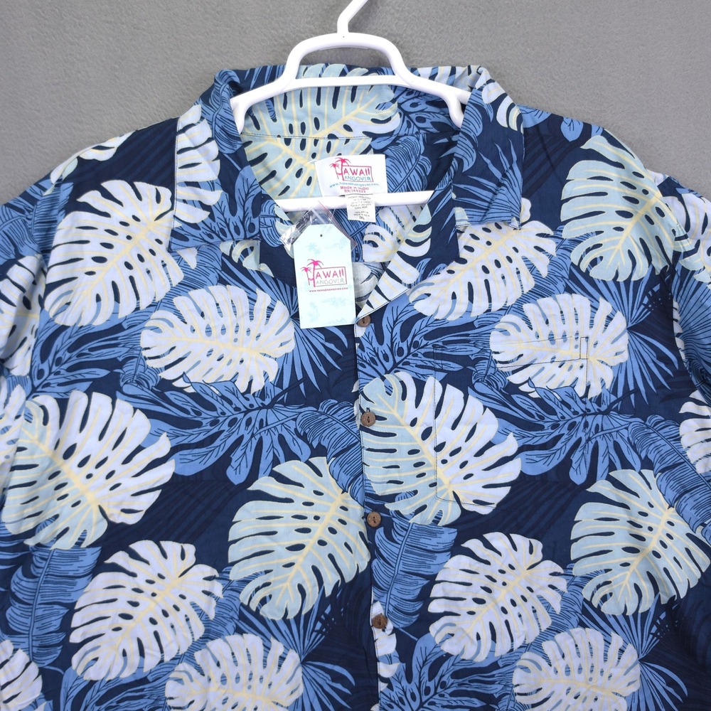 Hawaii Hangover Shirt Monstera Leaf Print Blue 2XL Rayon Short Sleeve Aloha